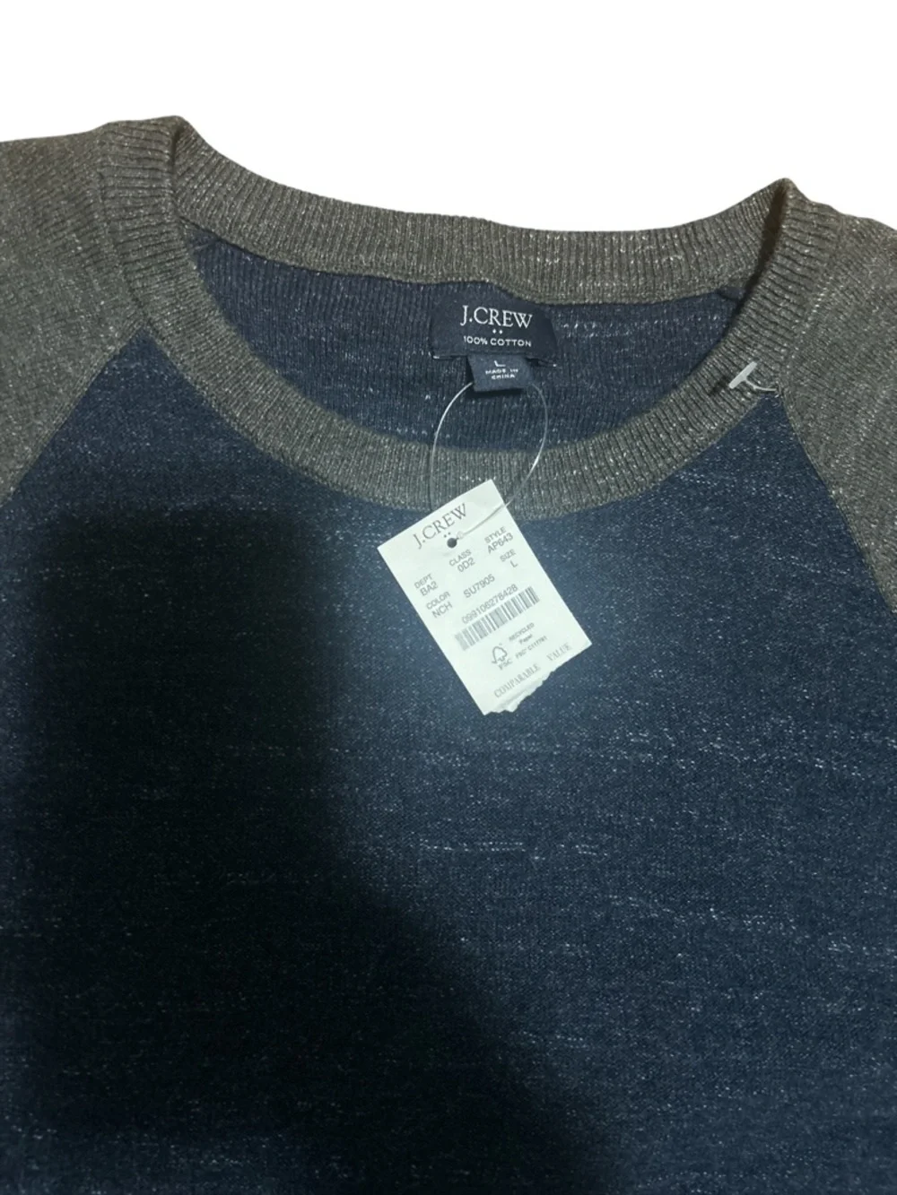 J.Crew Mens Large NWT Cotton Raglan Sweatshirt Navy Gray Colorblock Crewneck